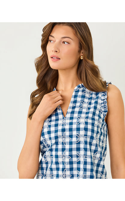 KAVALLA DRESS, STARLIGHT NAVY STARFISHING EMBROIDERED GINGHAM