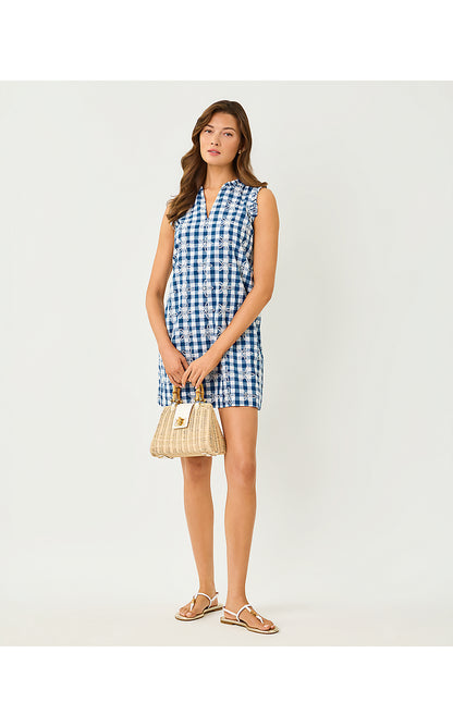 KAVALLA DRESS, STARLIGHT NAVY STARFISHING EMBROIDERED GINGHAM