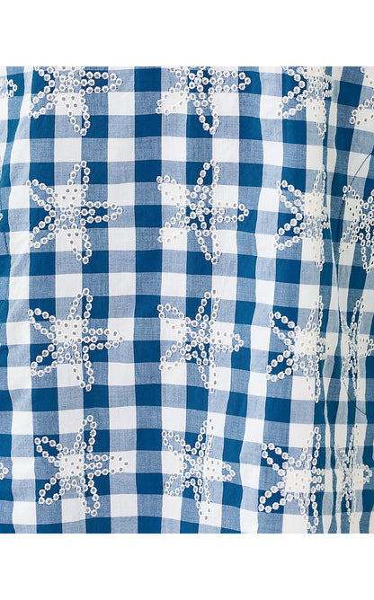 KAVALLA DRESS, STARLIGHT NAVY STARFISHING EMBROIDERED GINGHAM