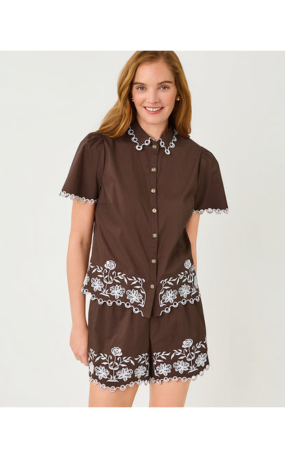 RIKKI SHORT SLEEVE TOP, COCO BEACH MARNI EMBROIDERED POPLIN