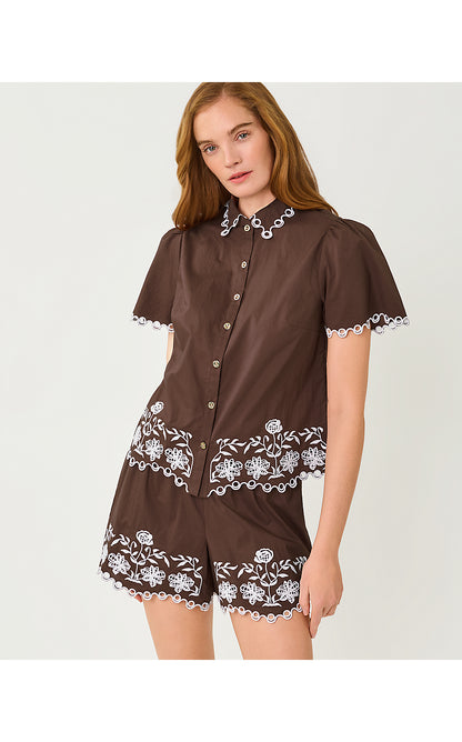 RIKKI SHORT SLEEVE TOP, COCO BEACH MARNI EMBROIDERED POPLIN