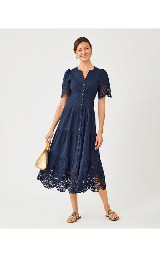 WAYLAND MIDI DRESS, LOW TIDE NAVY SCALLOPED EYELET BORDER POPLIN