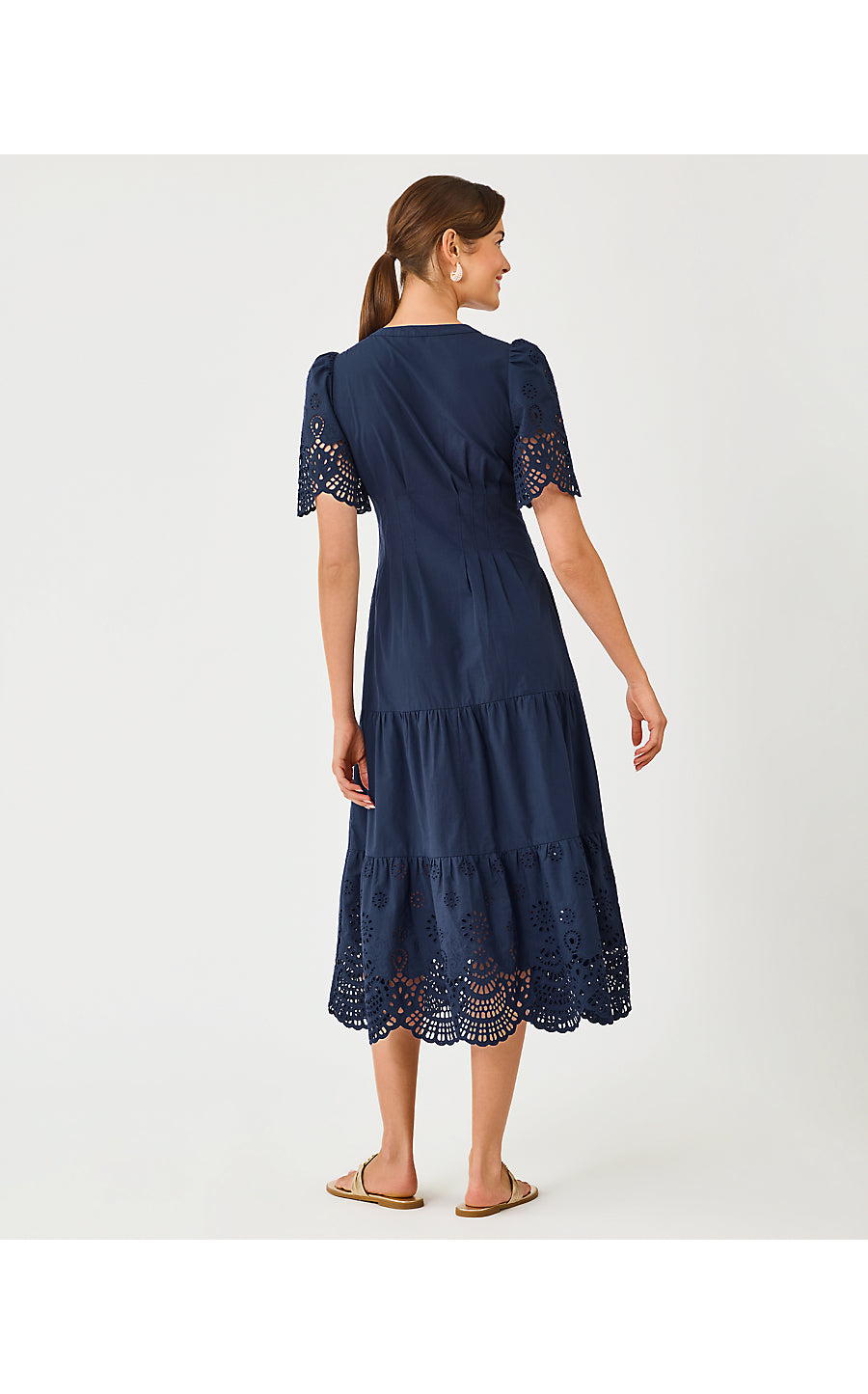 WAYLAND MIDI DRESS, LOW TIDE NAVY SCALLOPED EYELET BORDER POPLIN