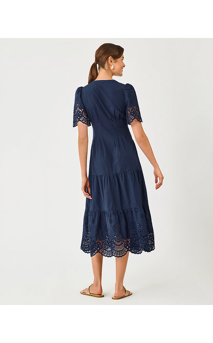 WAYLAND MIDI DRESS, LOW TIDE NAVY SCALLOPED EYELET BORDER POPLIN