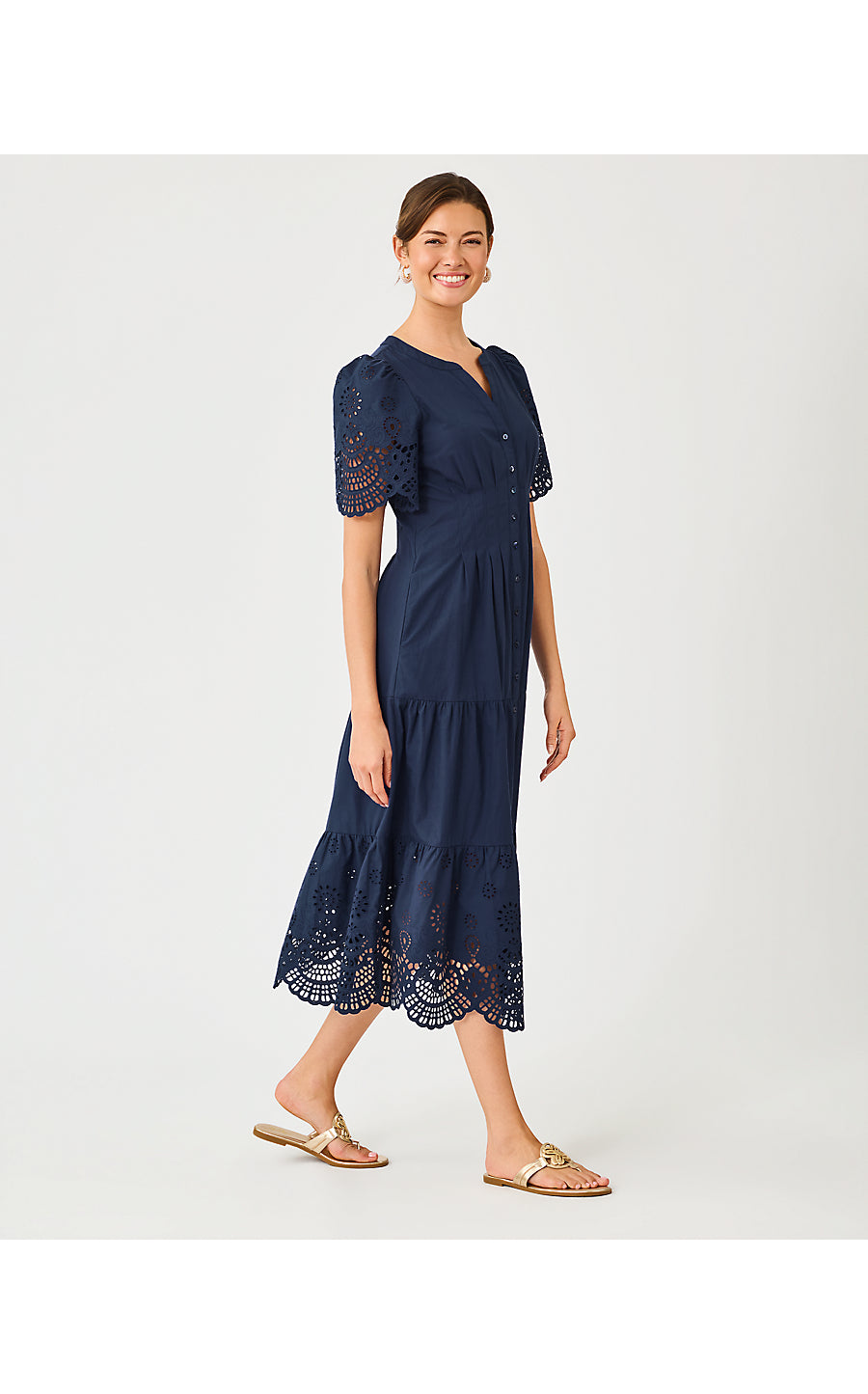 WAYLAND MIDI DRESS, LOW TIDE NAVY SCALLOPED EYELET BORDER POPLIN
