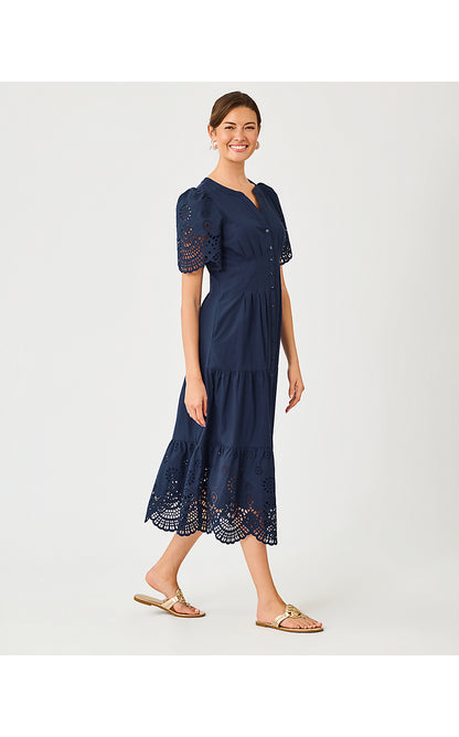 WAYLAND MIDI DRESS, LOW TIDE NAVY SCALLOPED EYELET BORDER POPLIN