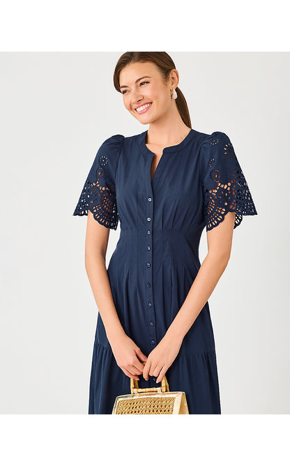 WAYLAND MIDI DRESS, LOW TIDE NAVY SCALLOPED EYELET BORDER POPLIN