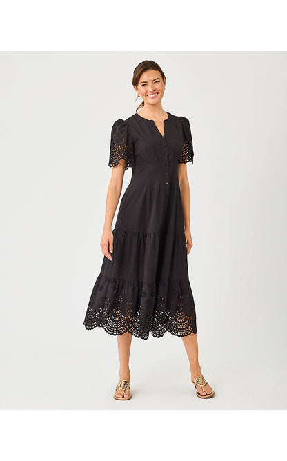 WAYLAND MIDI DRESS, NOIR SCALLOPED EYELET BORDER POPLIN