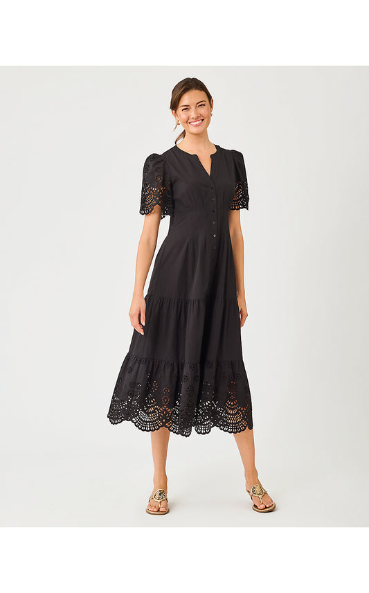 WAYLAND MIDI DRESS, NOIR SCALLOPED EYELET BORDER POPLIN