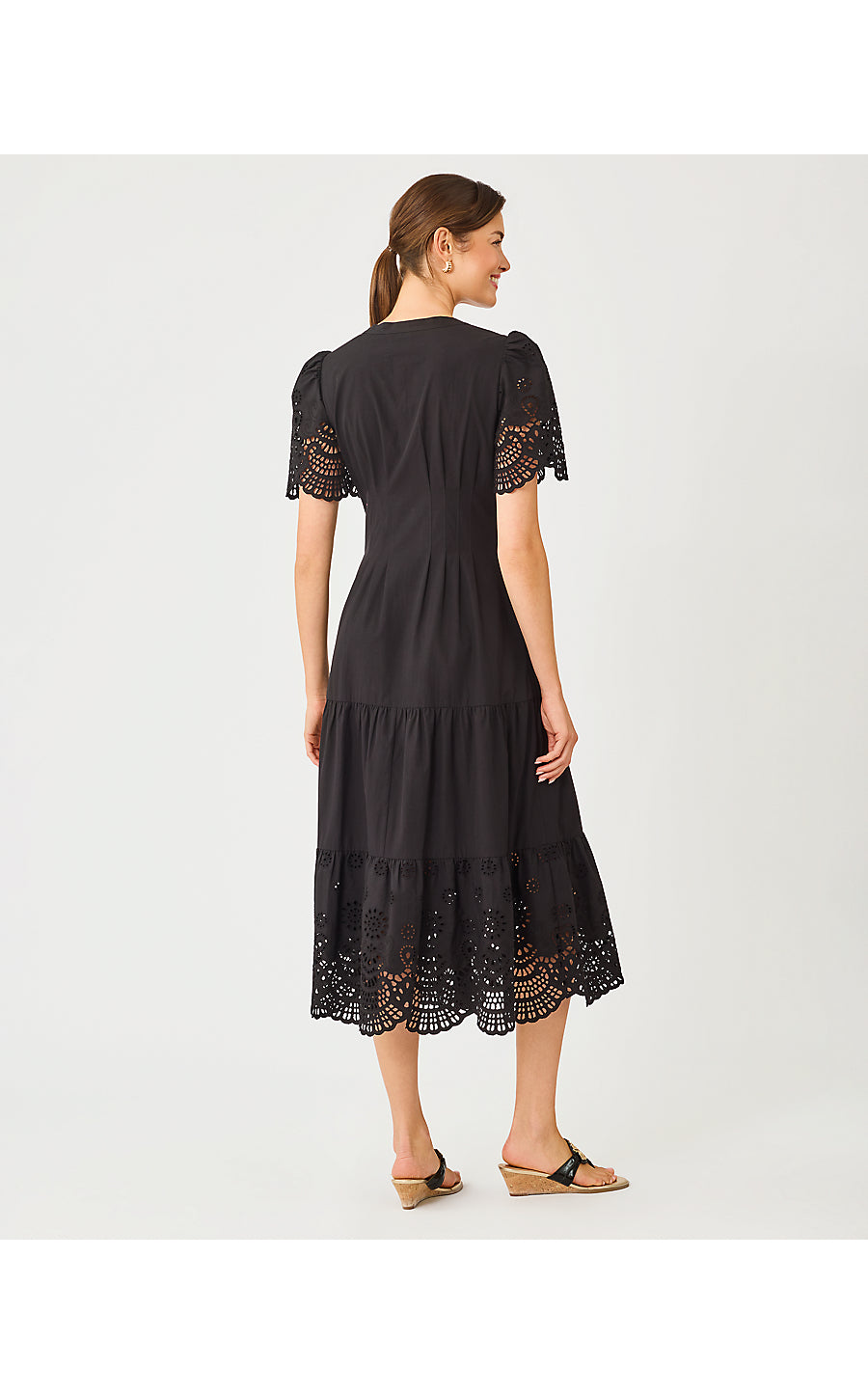 WAYLAND MIDI DRESS, NOIR SCALLOPED EYELET BORDER POPLIN