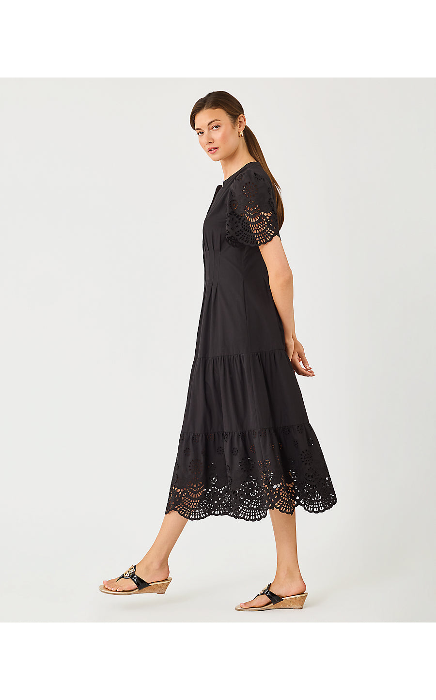 WAYLAND MIDI DRESS, NOIR SCALLOPED EYELET BORDER POPLIN