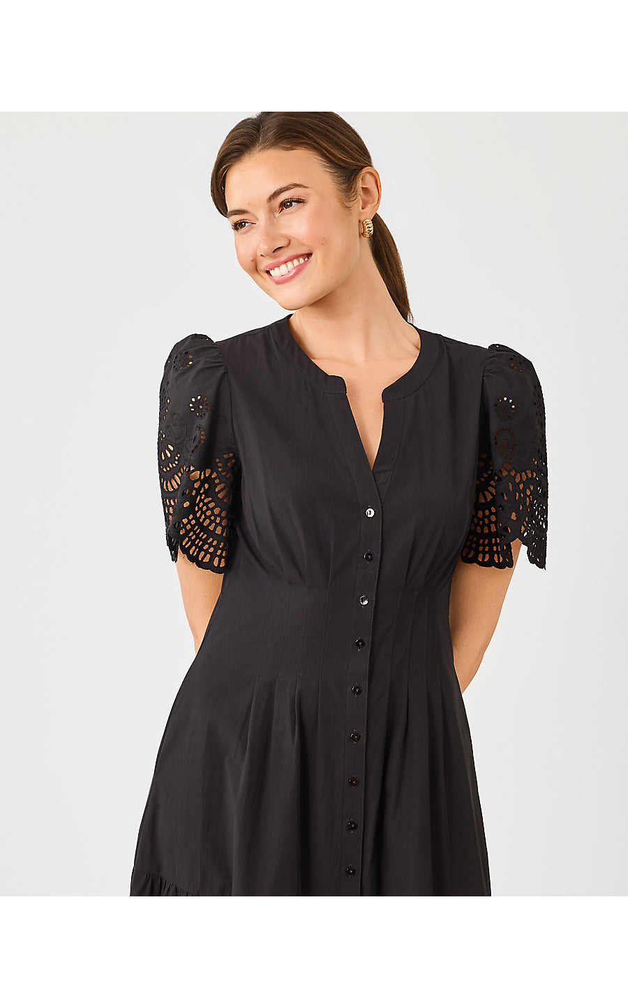 WAYLAND MIDI DRESS, NOIR SCALLOPED EYELET BORDER POPLIN