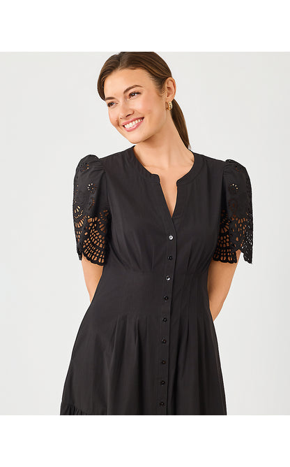 WAYLAND MIDI DRESS, NOIR SCALLOPED EYELET BORDER POPLIN