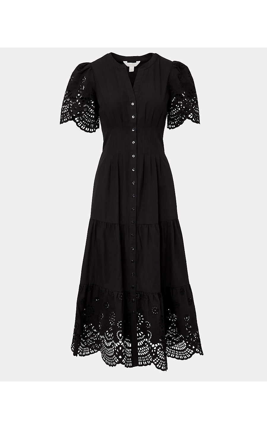 WAYLAND MIDI DRESS, NOIR SCALLOPED EYELET BORDER POPLIN