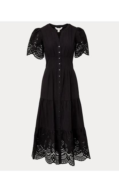 WAYLAND MIDI DRESS, NOIR SCALLOPED EYELET BORDER POPLIN