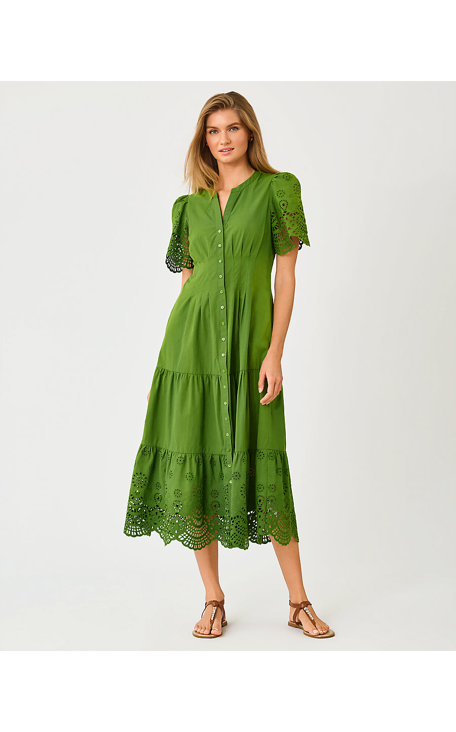 WAYLAND MIDI DRESS, OREGANO SCALLOPED EYELET BORDER POPLIN