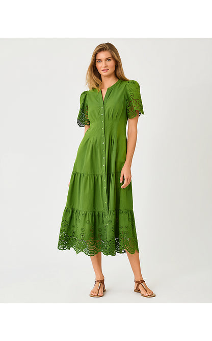 WAYLAND MIDI DRESS, OREGANO SCALLOPED EYELET BORDER POPLIN