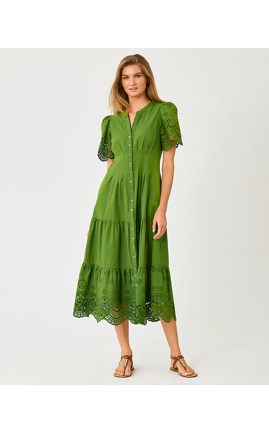 WAYLAND MIDI DRESS, OREGANO SCALLOPED EYELET BORDER POPLIN