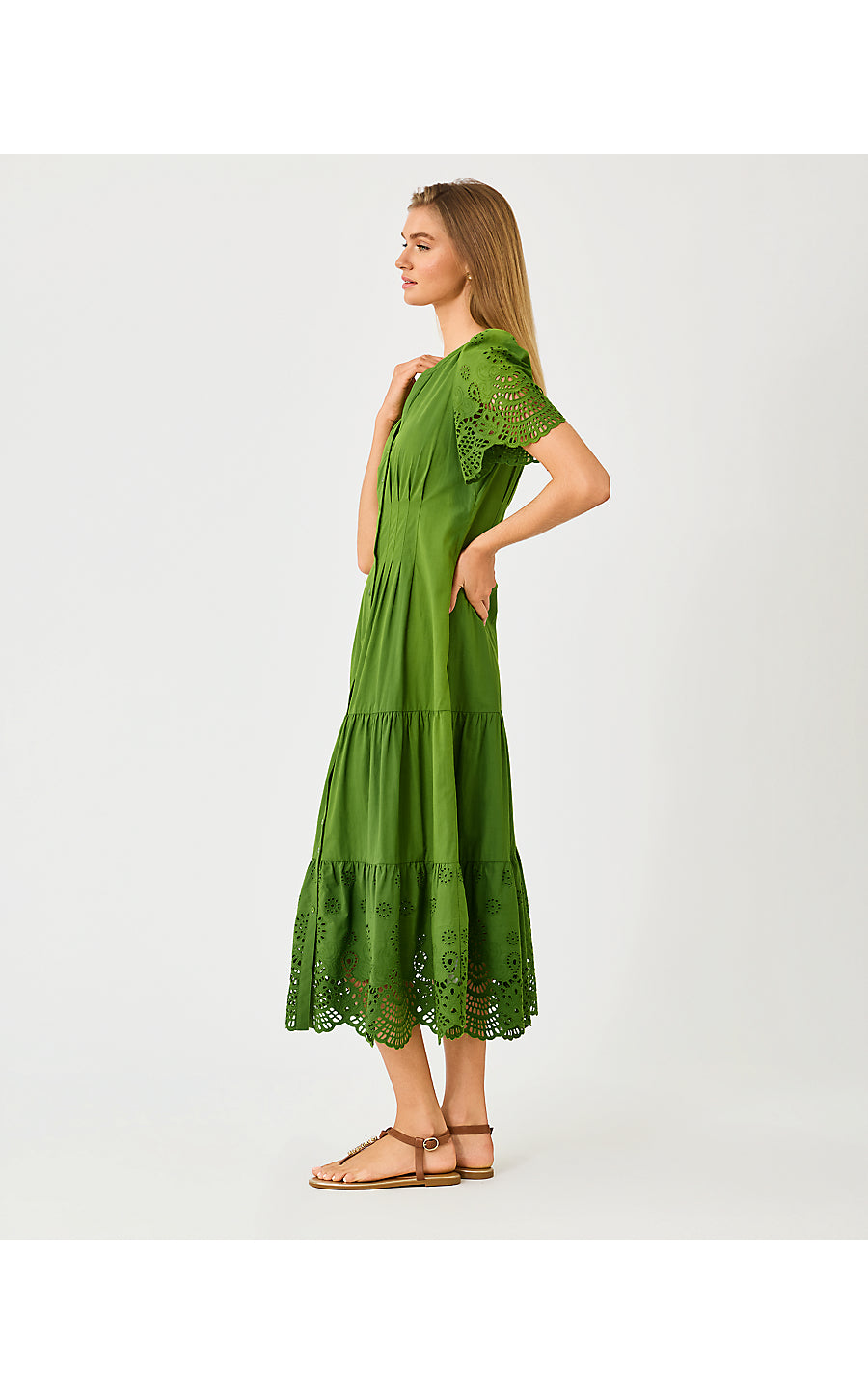 WAYLAND MIDI DRESS, OREGANO SCALLOPED EYELET BORDER POPLIN