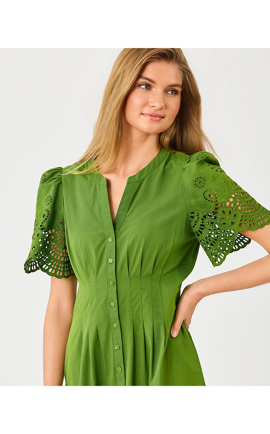 WAYLAND MIDI DRESS, OREGANO SCALLOPED EYELET BORDER POPLIN