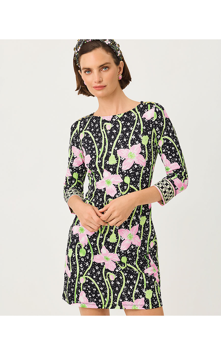 SHORT SERALINA UPF 50+ DRESS, ONYX BLUSHING BLOOMS ENGINEERED CHILLYLILLY