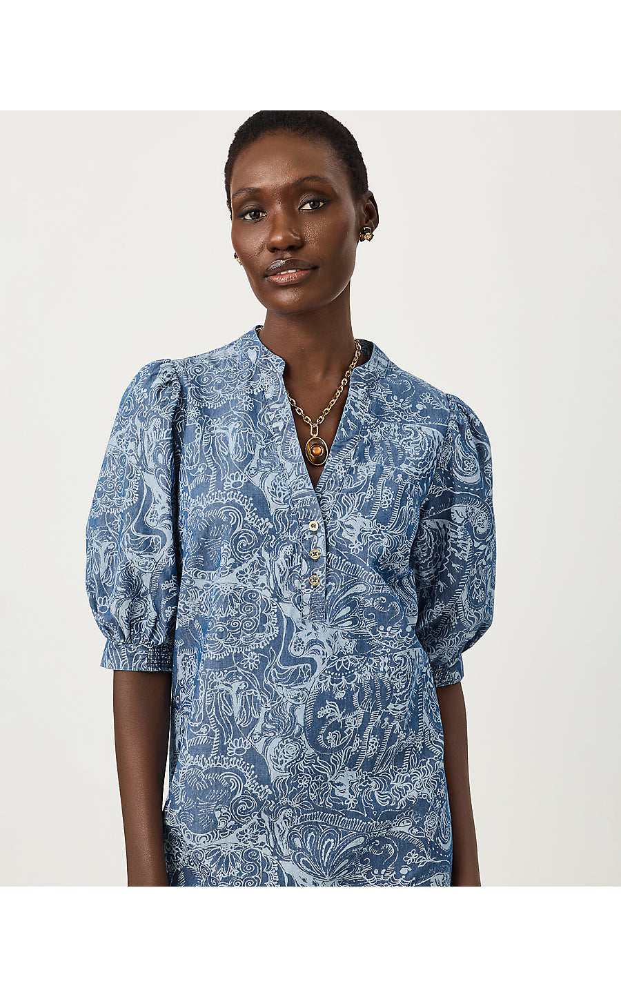 MIALEIGH ELBOW SLEEVE DRESS, INDIGO ALL DAY CHAMBRAY PAISLEY PARADE PIGMENT