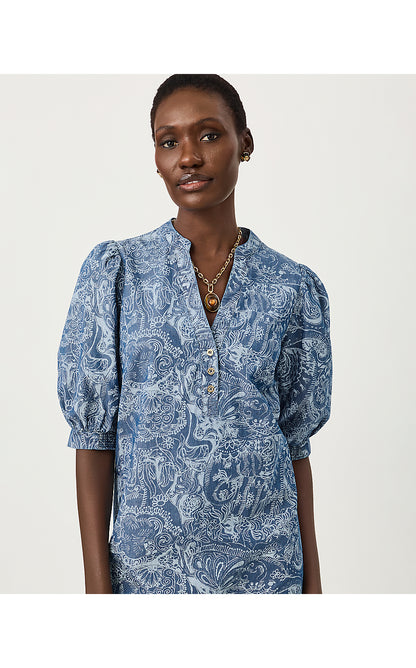 MIALEIGH ELBOW SLEEVE DRESS, INDIGO ALL DAY CHAMBRAY PAISLEY PARADE PIGMENT
