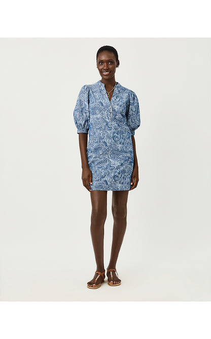 MIALEIGH ELBOW SLEEVE DRESS, INDIGO ALL DAY CHAMBRAY PAISLEY PARADE PIGMENT