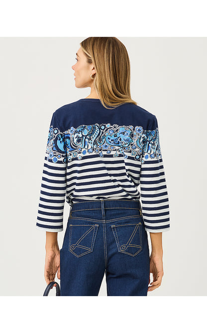 CLAIRMONT 3/4 SLEEVED KNIT TOP, LOW TIDE NAVY THE CASBAH ENGINEERED STRIPED TOP