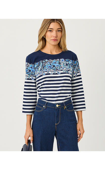 CLAIRMONT 3/4 SLEEVED KNIT TOP, LOW TIDE NAVY THE CASBAH ENGINEERED STRIPED TOP