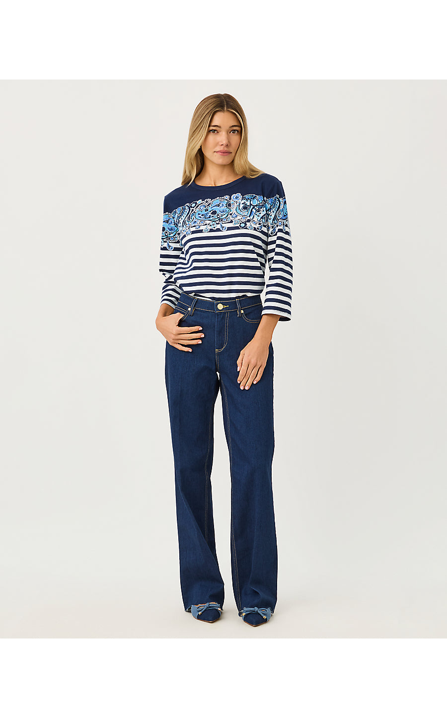 CLAIRMONT 3/4 SLEEVED KNIT TOP, LOW TIDE NAVY THE CASBAH ENGINEERED STRIPED TOP