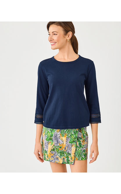 CLAIRMONT 3/4 SLEEVED TRIMMED KNIT TOP, LOW TIDE NAVY