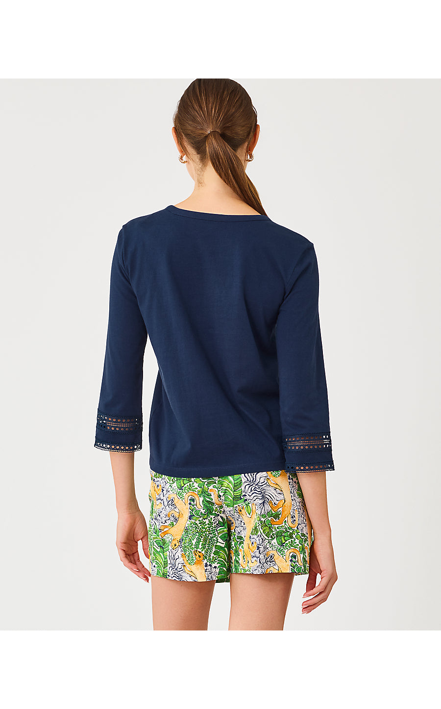 CLAIRMONT 3/4 SLEEVED TRIMMED KNIT TOP, LOW TIDE NAVY
