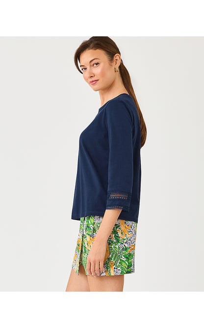 CLAIRMONT 3/4 SLEEVED TRIMMED KNIT TOP, LOW TIDE NAVY