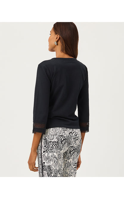 CLAIRMONT 3/4 SLEEVED TRIMMED KNIT TOP, NOIR