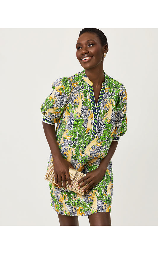 MIALEIGH ELBOW SLEEVE DRESS, MULTI LIL PALM PROWL ENGINEERED WOVEN DRESS