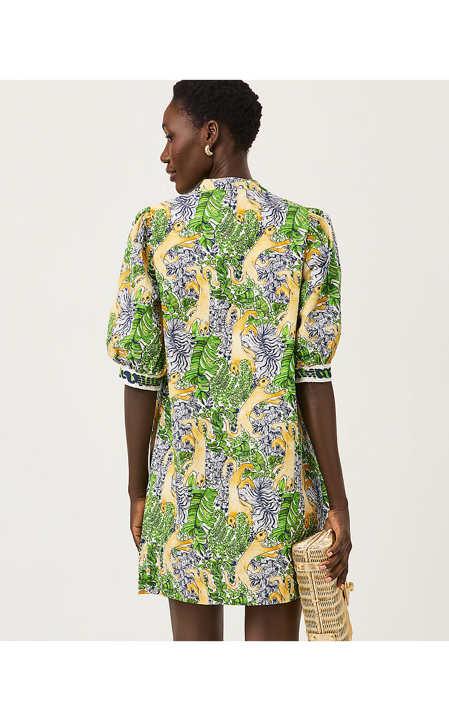 MIALEIGH ELBOW SLEEVE DRESS, MULTI LIL PALM PROWL ENGINEERED WOVEN DRESS