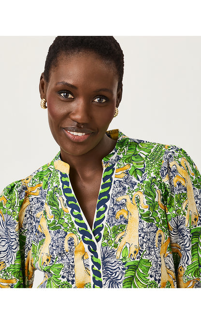 MIALEIGH ELBOW SLEEVE DRESS, MULTI LIL PALM PROWL ENGINEERED WOVEN DRESS