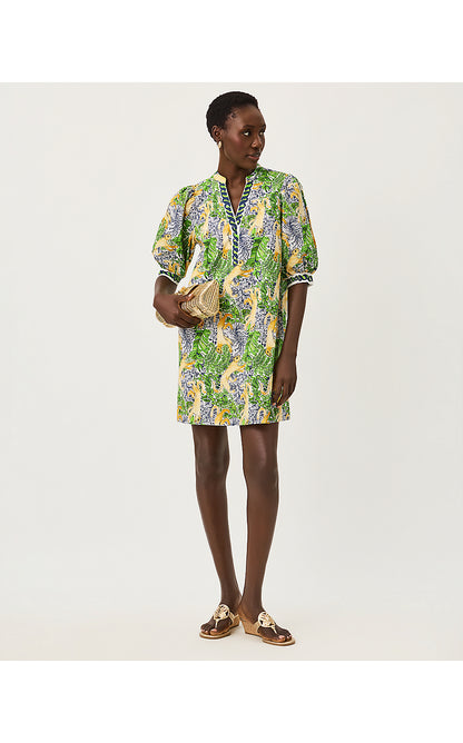 MIALEIGH ELBOW SLEEVE DRESS, MULTI LIL PALM PROWL ENGINEERED WOVEN DRESS