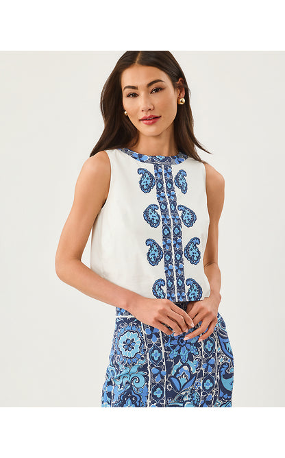 ANNALEESE SLEEVELESS TOP, LOW TIDE NAVY THE CASBAH ENGINEERED WOVEN TOP