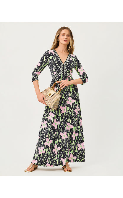 HARLYNN MAXI DRESS, ONYX BLUSHING BLOOMS ENGINEERED KNIT MAXI DRESS