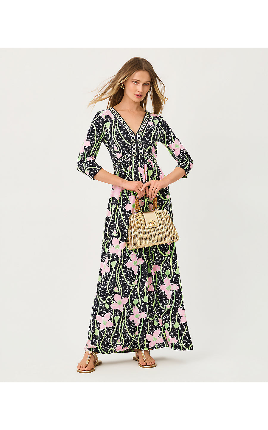 HARLYNN MAXI DRESS, ONYX BLUSHING BLOOMS ENGINEERED KNIT MAXI DRESS