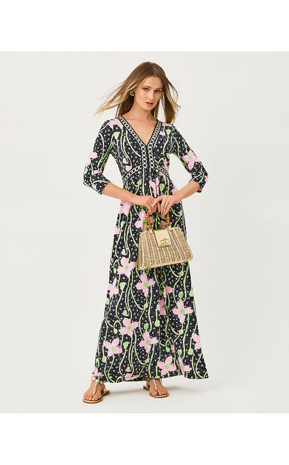 HARLYNN MAXI DRESS, ONYX BLUSHING BLOOMS ENGINEERED KNIT MAXI DRESS