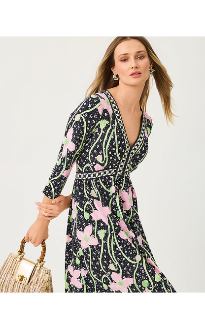 HARLYNN MAXI DRESS, ONYX BLUSHING BLOOMS ENGINEERED KNIT MAXI DRESS