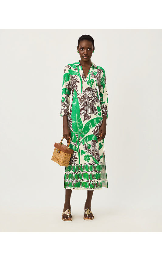 MANDI UPF 50+ MIDI DRESS, VANILLA SPICE OVERSIZED HIDE AND LEAF ENGINEERED CHILLYLILLY