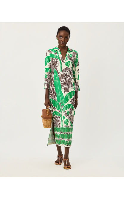 MANDI UPF 50+ MIDI DRESS, VANILLA SPICE OVERSIZED HIDE AND LEAF ENGINEERED CHILLYLILLY