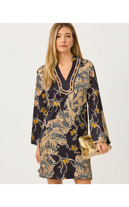IRELLA CAFTAN DRESS, ONYX STRIPED SAFARI ENGINEERED WOVEN DRESS