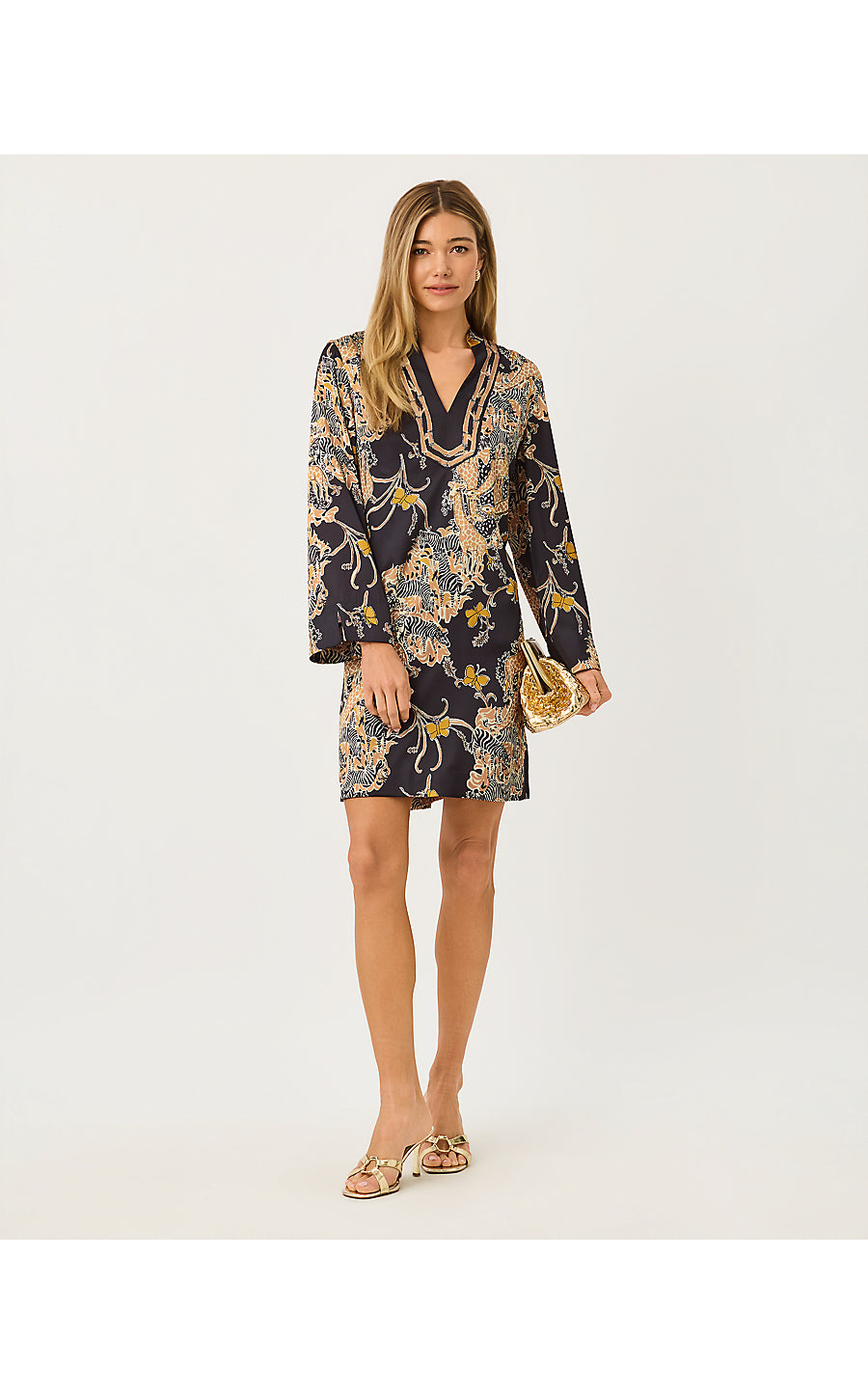 IRELLA CAFTAN DRESS, ONYX STRIPED SAFARI ENGINEERED WOVEN DRESS