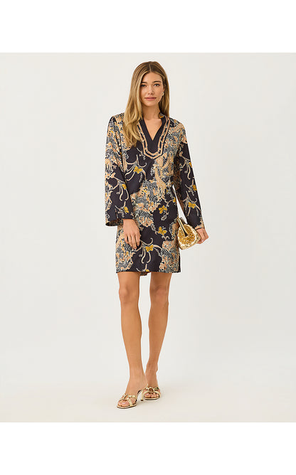 IRELLA CAFTAN DRESS, ONYX STRIPED SAFARI ENGINEERED WOVEN DRESS