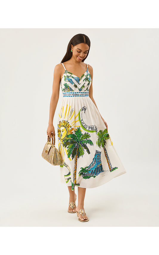 WENDLEY MIDI DRESS, COCONUT OVERSIZED KEY WEST TOILE ENGINEERED WOVEN MIDI